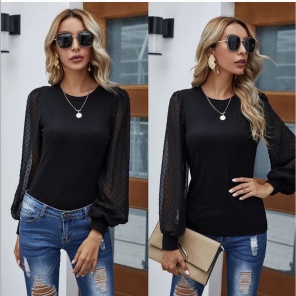 π BLACK MESHED SLEEVE BLOUSE π - Picture 2 of 3
